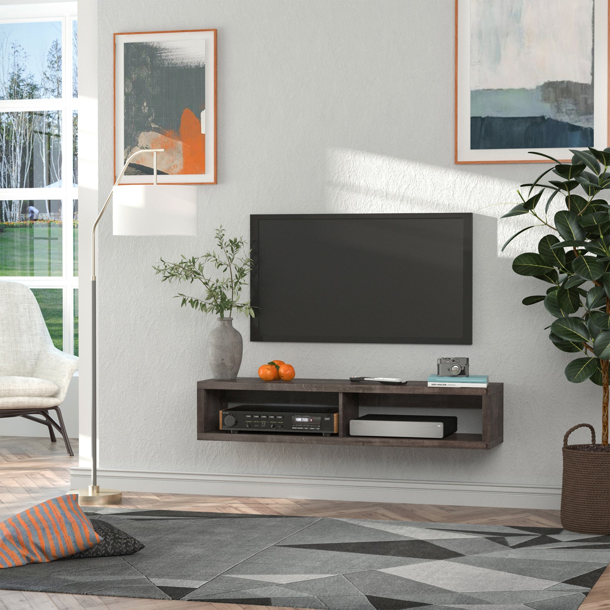 HOMCOM Modern Floating Wall Mounted TV Media Console Shelf Dark Grey Wood