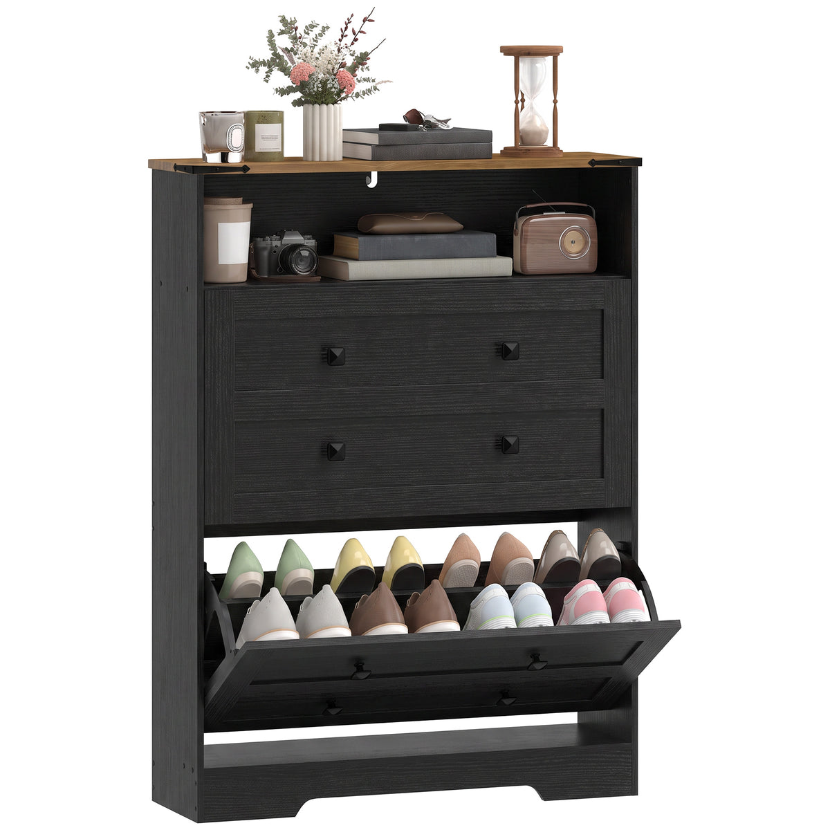 Slim Entryway Shoe Cabinet with 2 Flip Drawers – 31"W x 43"H