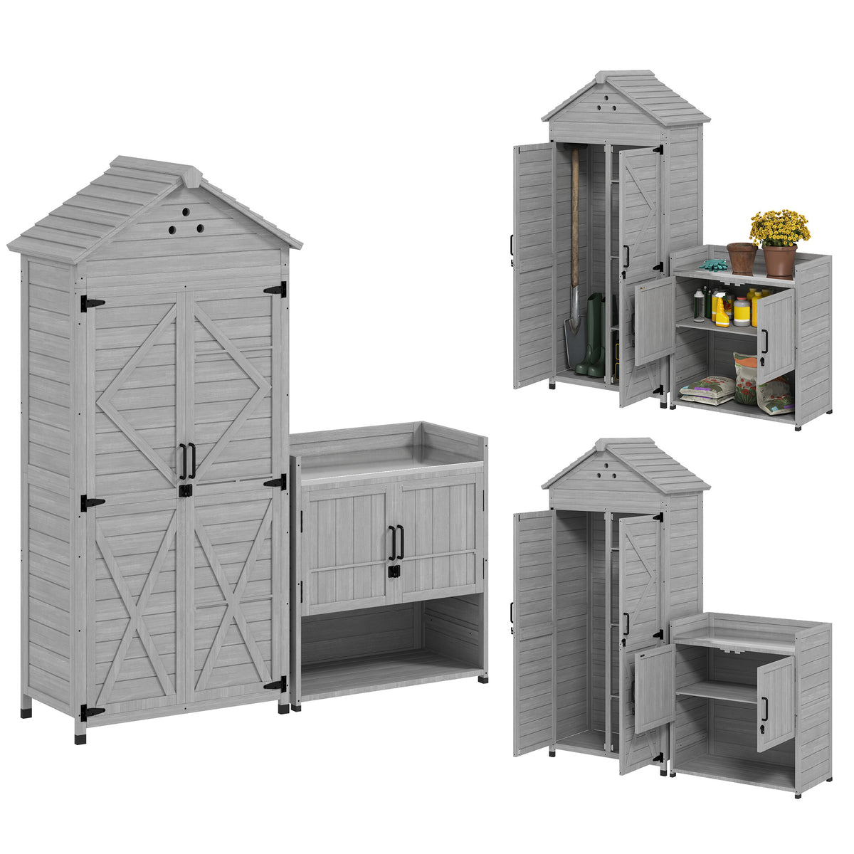 2-in-1 Outdoor Storage Cabinet, Wood Garden Shed with Shelves, Vent Holes, Foot Caps for Backyard, Patio, Lawn
