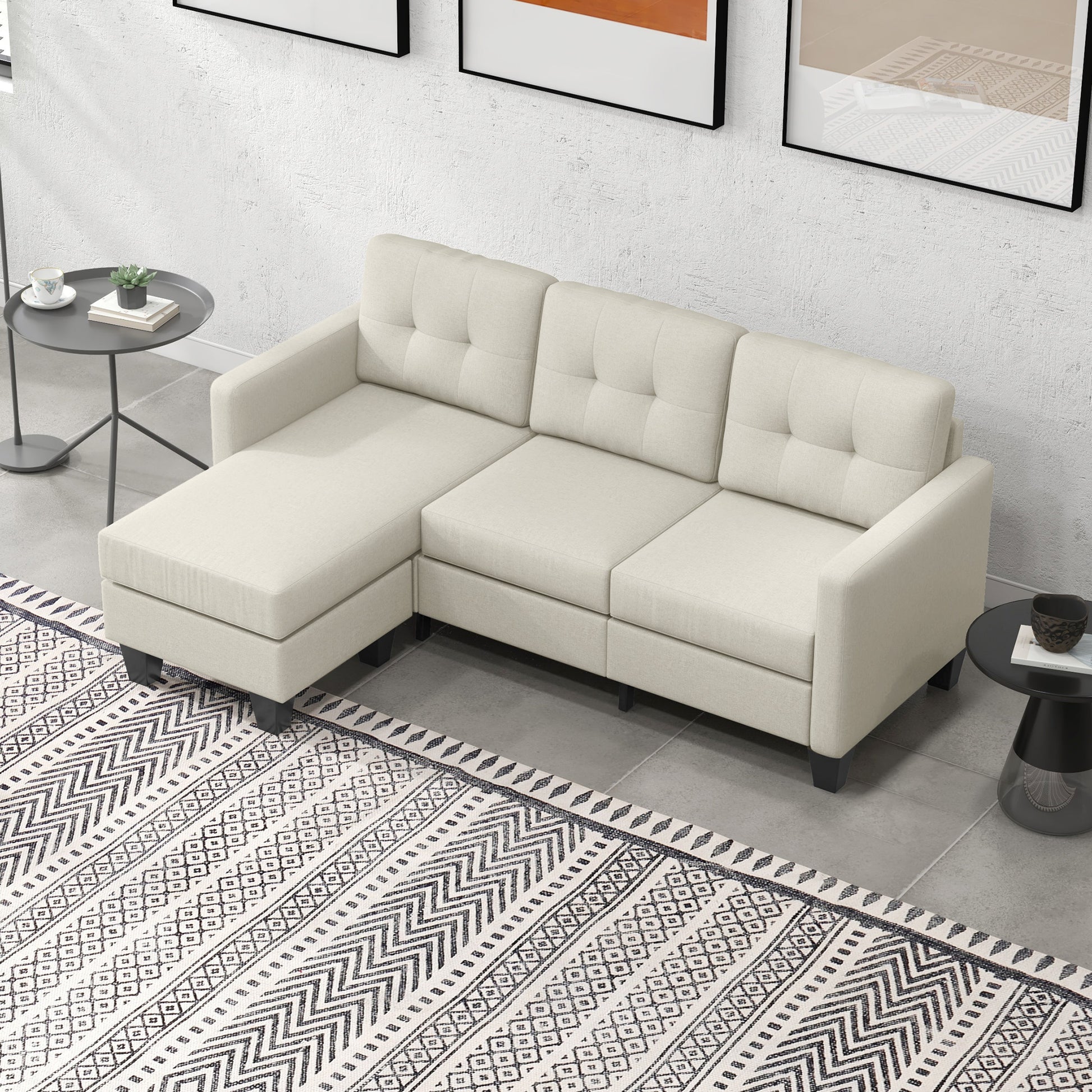 HOMCOM L-Shaped 3-Seater Sectional Sofa with Ottoman, Beige, Sturdy Wood Legs