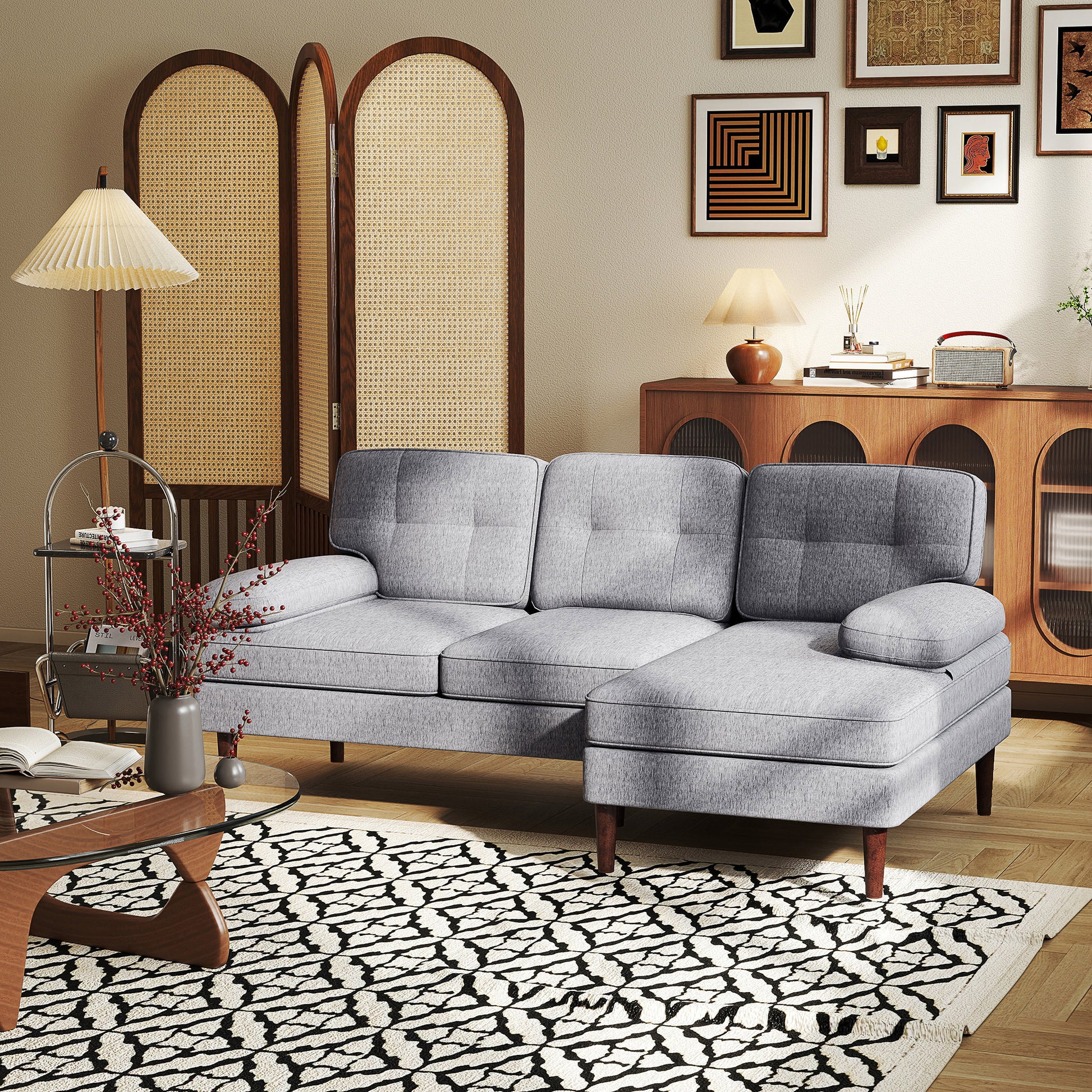 HOMCOM Modern Grey Tufted L-Shape Corner Sofa with Right Chaise Lounge