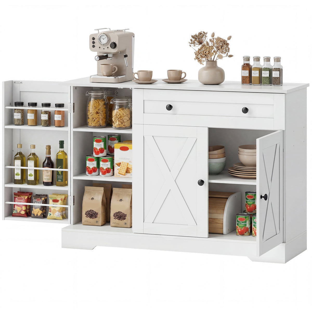 Farmhouse Sideboard with Barn Doors and Door Shelves – 47"W x 33"H