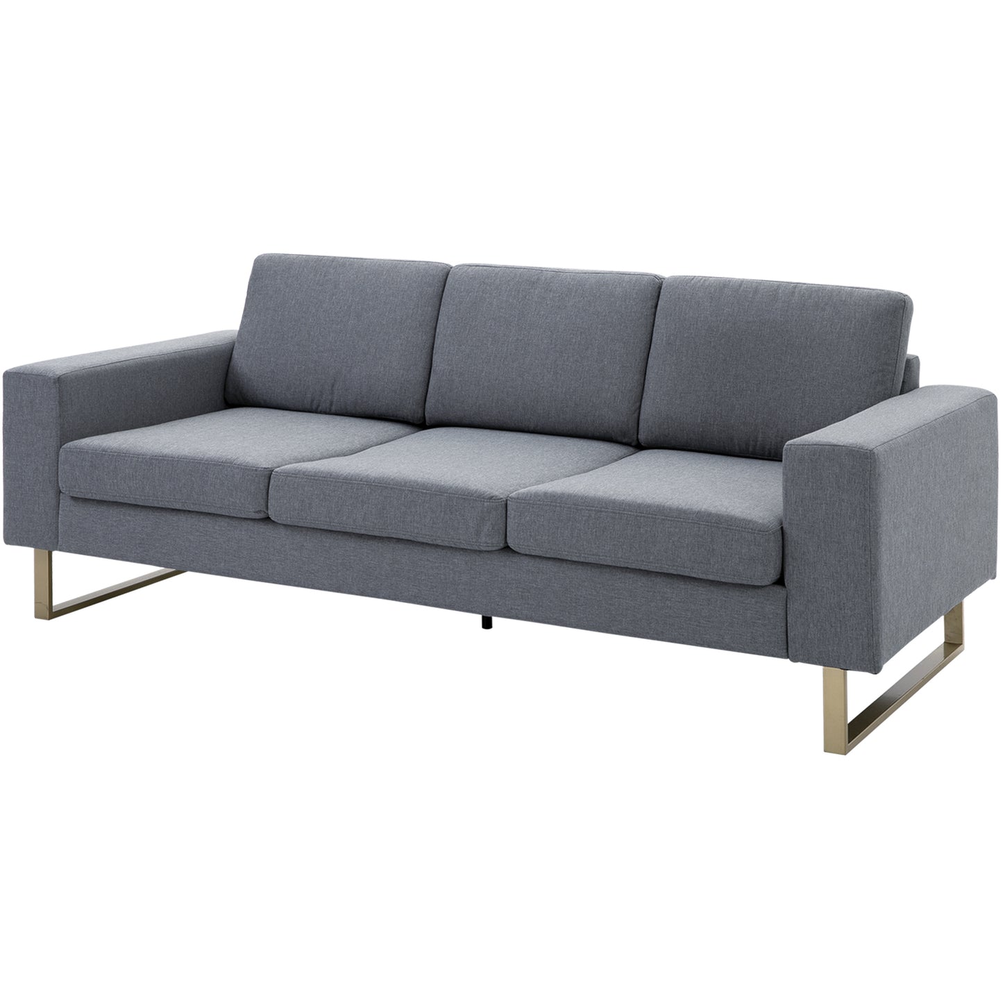 Modern Three-Seat Linen Upholstered Sofa with Steel Legs, Padded Cushions, Grey