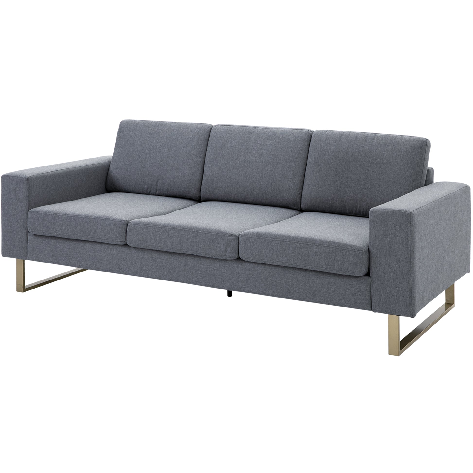 Modern Three-Seat Linen Upholstered Sofa with Steel Legs, Padded Cushions, Grey