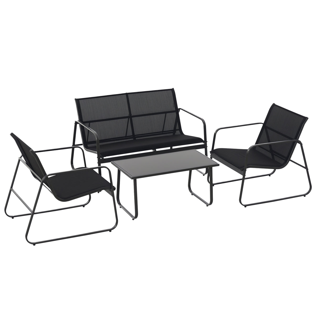 4 Piece Patio Furniture Set, Outdoor Conversation Set with Loveseat Sofa, Armchairs, Glass Top Coffee Table
