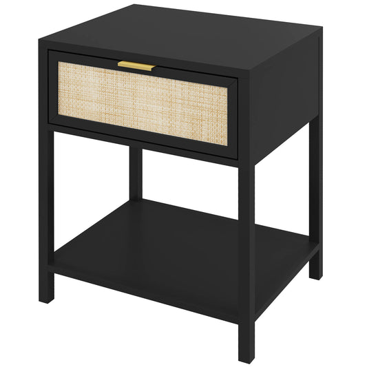 HOMCOM Modern Boho Black Nightstand with Rattan Drawer & Open Shelf