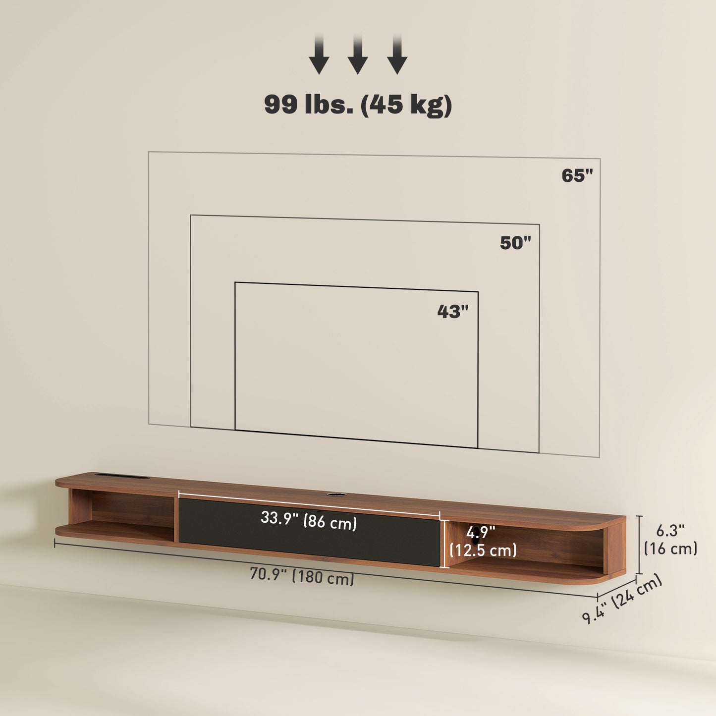HOMCOM 71-Inch Floating TV Stand, Wall Mounted Media Console, Walnut Finish