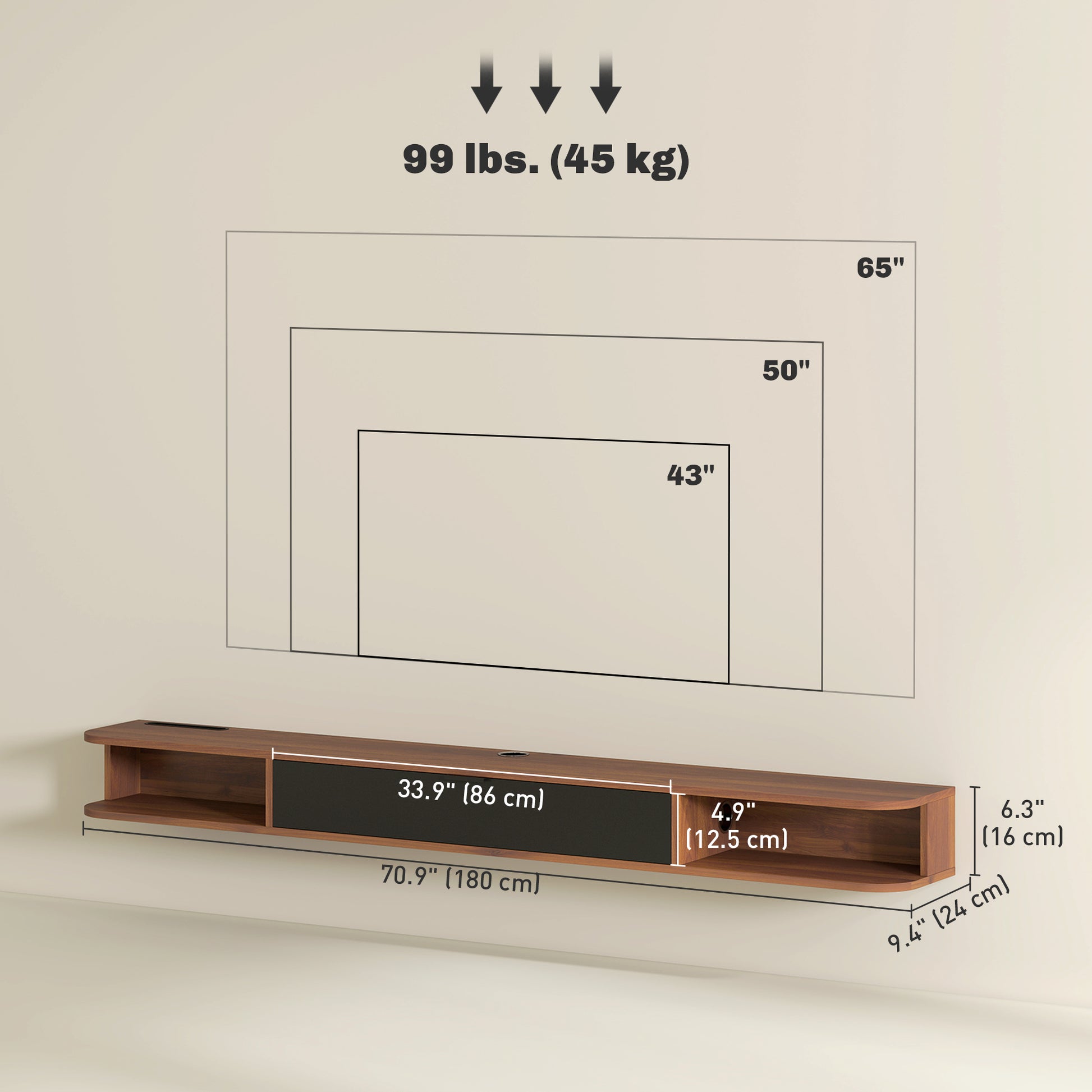 HOMCOM 71-Inch Floating TV Stand, Wall Mounted Media Console, Walnut Finish