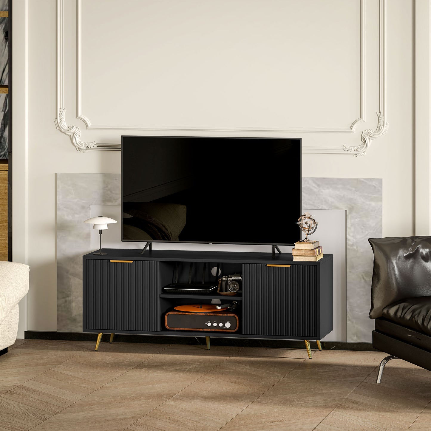 Sleek Black HOMCOM TV Stand for 55" TVs, Open Shelves & Cabinets