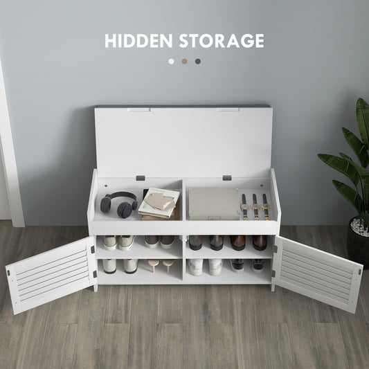 White Entryway Shoe Storage Bench: Cushioned Seat, Hidden Compartments, Adjustable Shelves