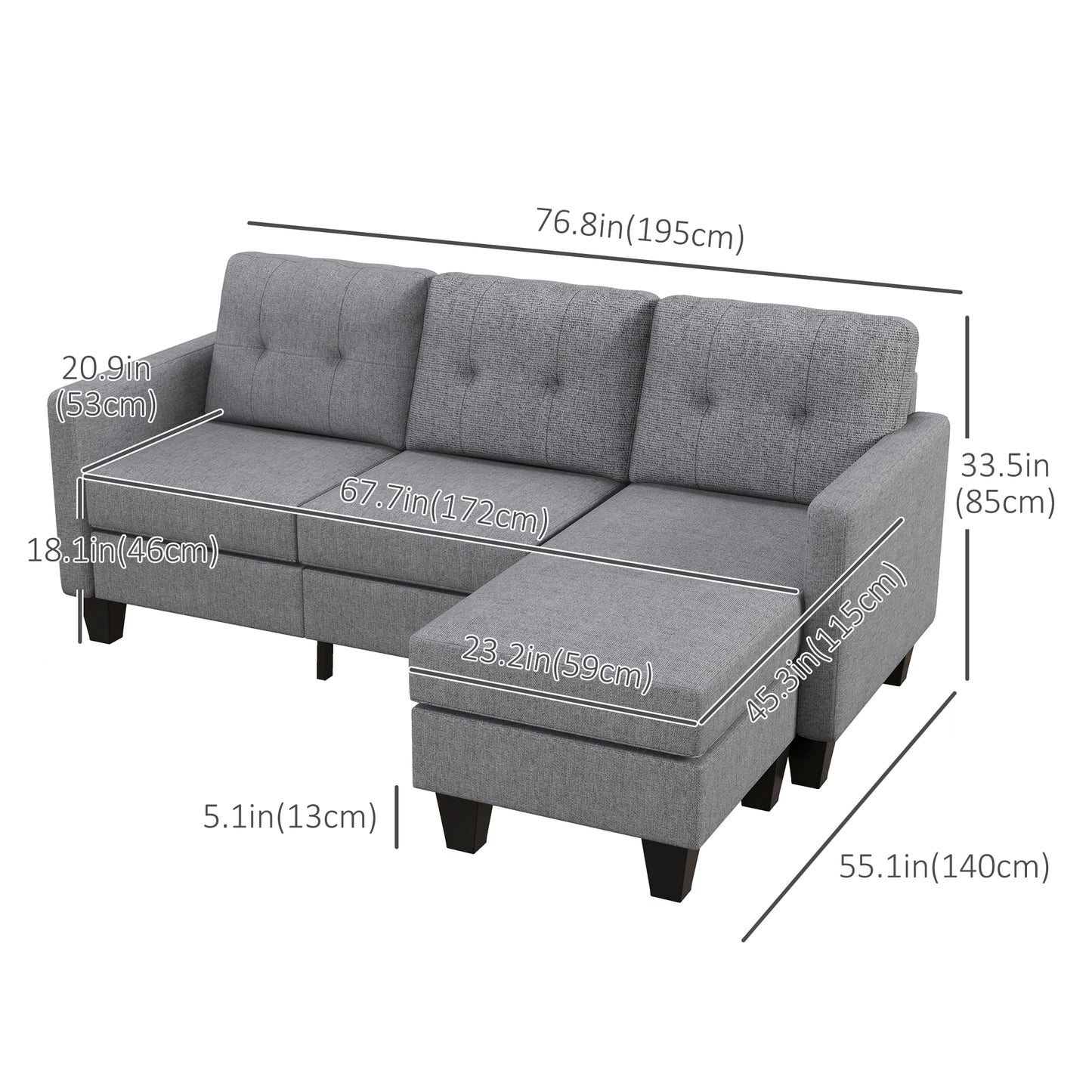 HOMCOM Modern L-Shape 3-Seater Sofa with Ottoman, Light Grey Fabric