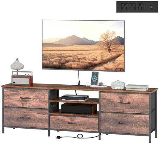 HOMCOM TV Stand for TVs up to 70 Inch, Industrial TV Console with Charging Station, 5 Drawers and Open Shelves, Rustic Brown