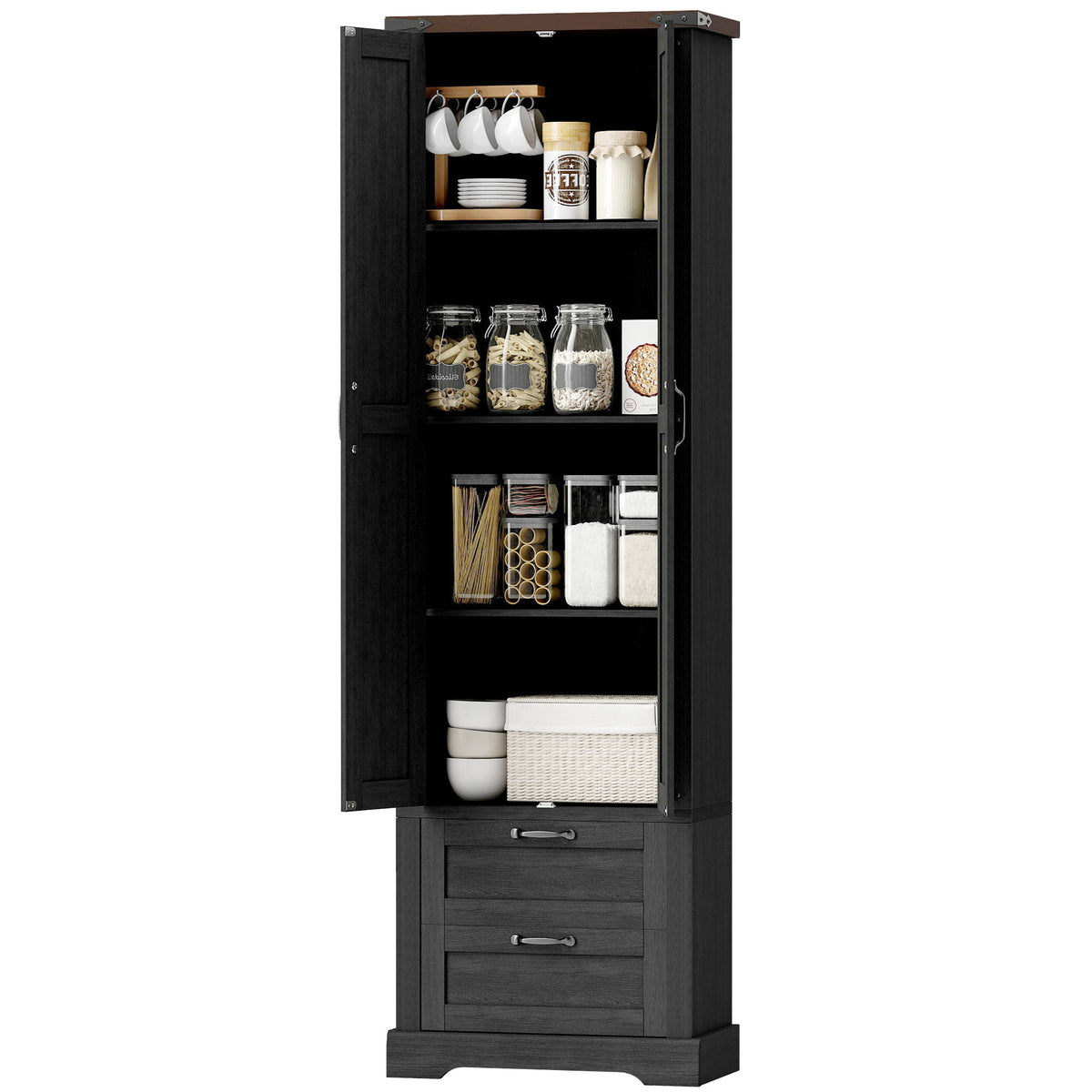 Farmhouse Kitchen Storage Cabinet with 2 Drawer and Adjustable Shelves – 24"W x 71"H