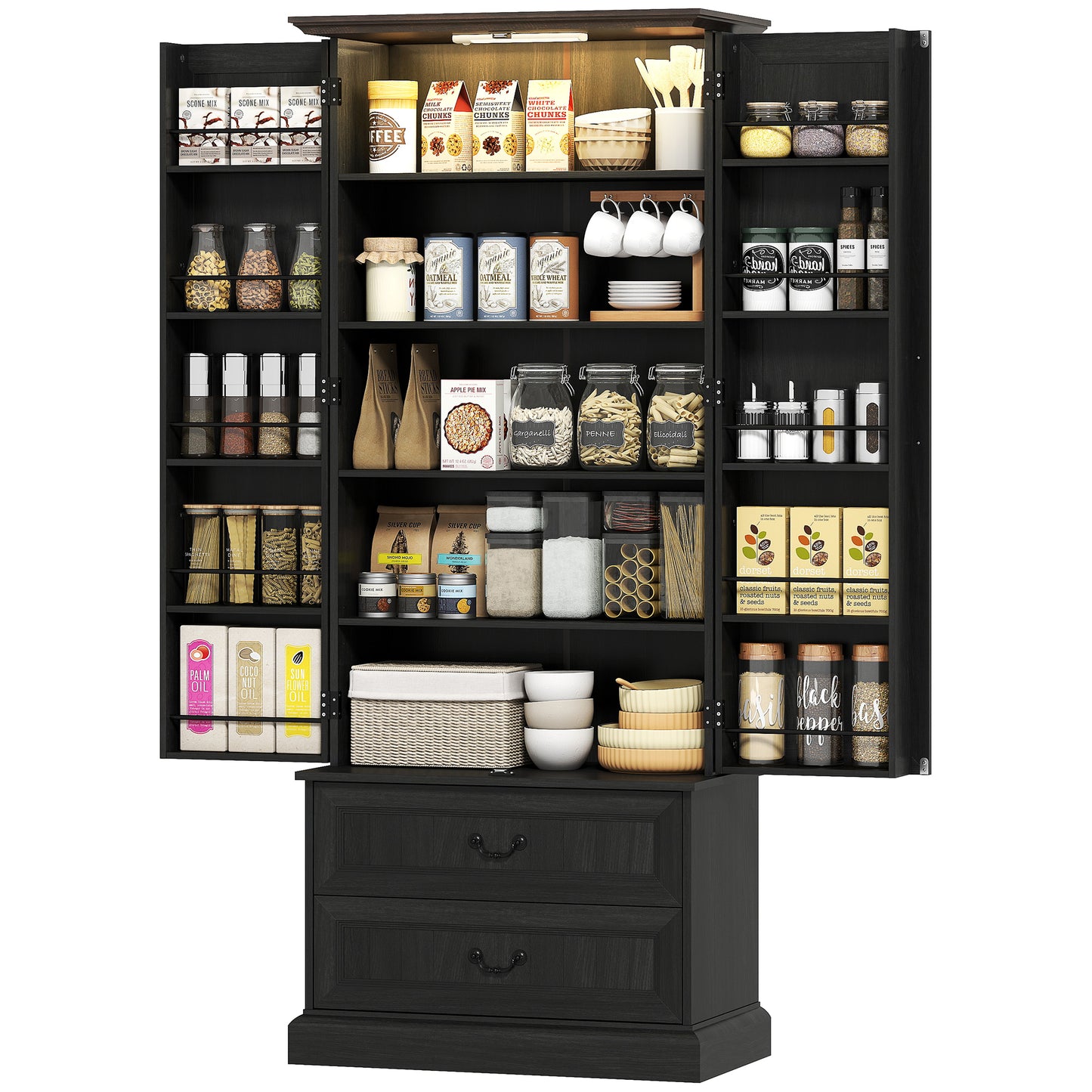 LED Kitchen Pantry Cabinet with Smart Sensor Light, White