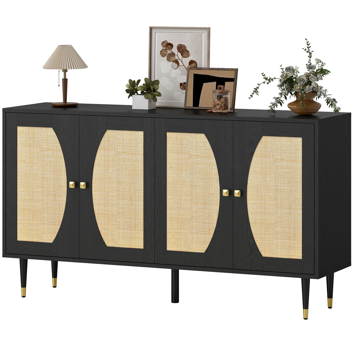 Boho Sideboard with Rattan Doors and Soft-Close Hinges – 55"W x 31"H