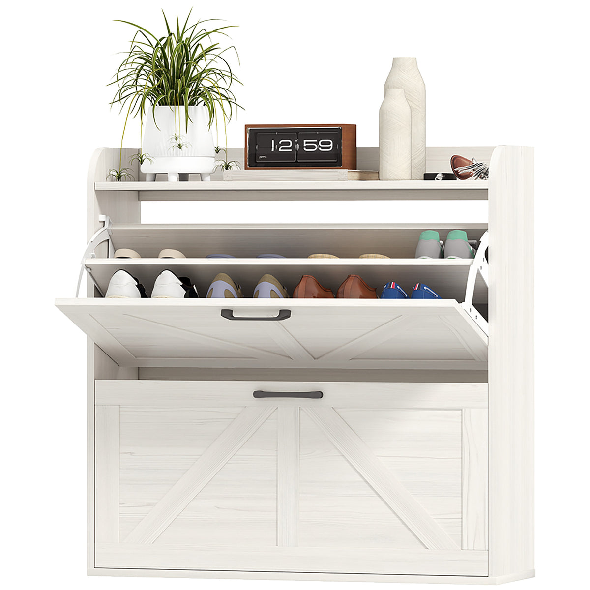 Farmhouse Shoe Cabinet with 2 Flip Drawers – 31"W x 34"H