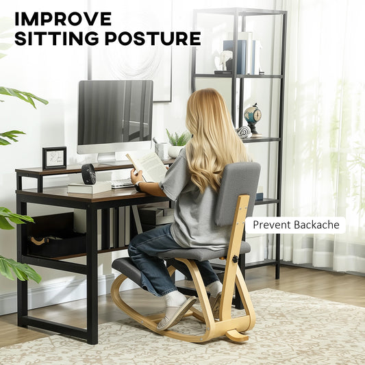 Ergonomic Kneeling Chair, Rocking Wood Kneel Stool with Backrest for Improved Posture, Grey