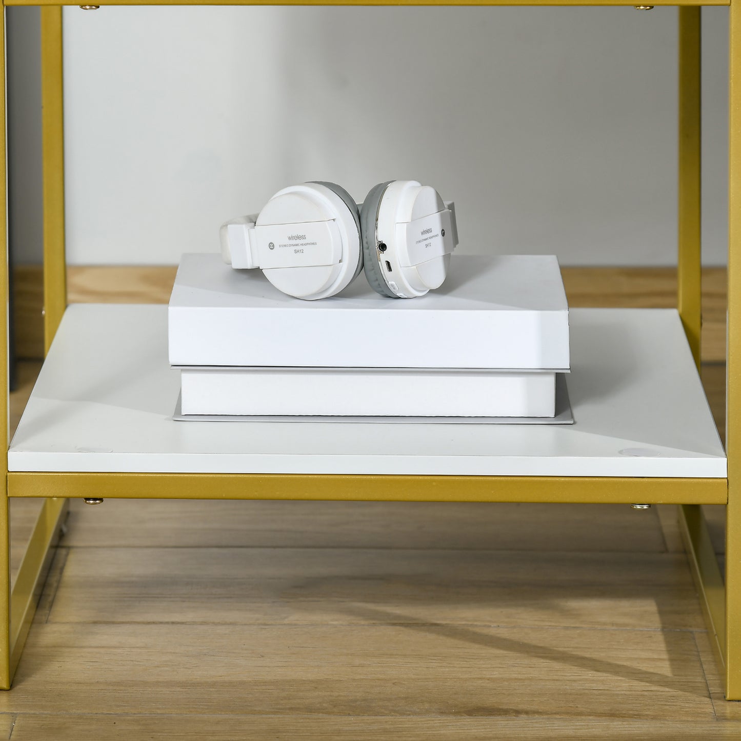 HOMCOM Modern White Gold Nightstand Set with Drawer & Storage Shelf
