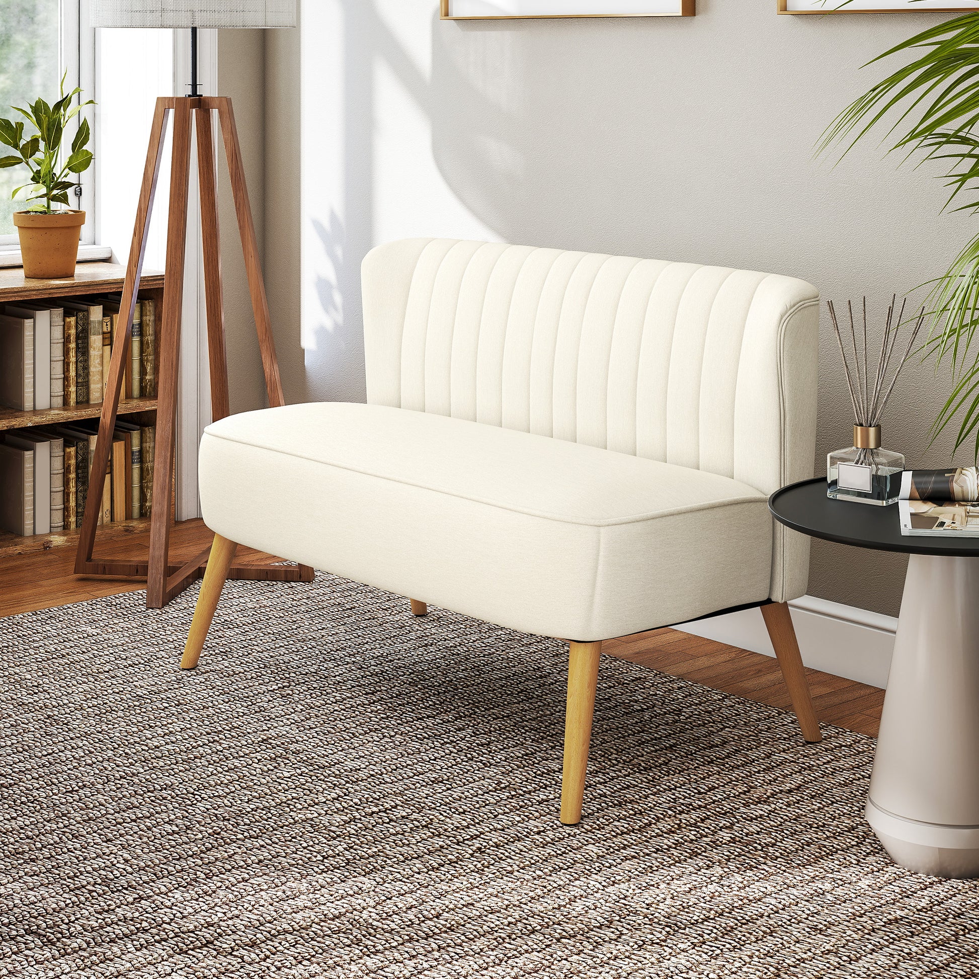 HOMCOM Modern Upholstered 2-Seat Loveseat Sofa, Cream White, Rubber Wood Legs