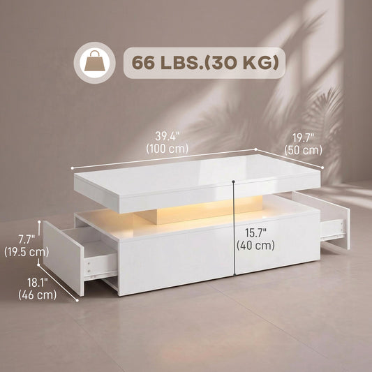LED Coffee Table with 2 Drawers and Open Shelf, High Gloss White