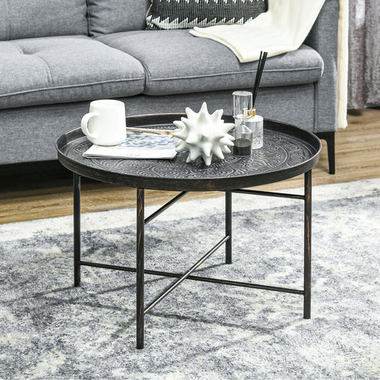 24" Round Vintage Coffee Table with Hammered Flower Tray Top, Pewter