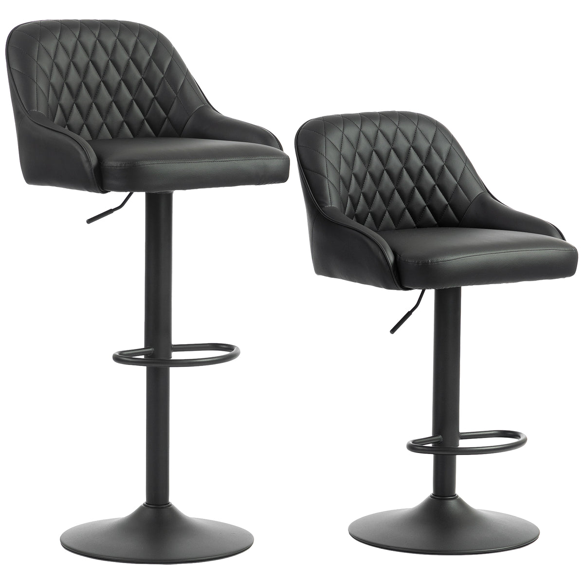 Diamond-Quilted Adjustable Swivel Kitchen Bar Stools with Backrest, Set of 2, Black