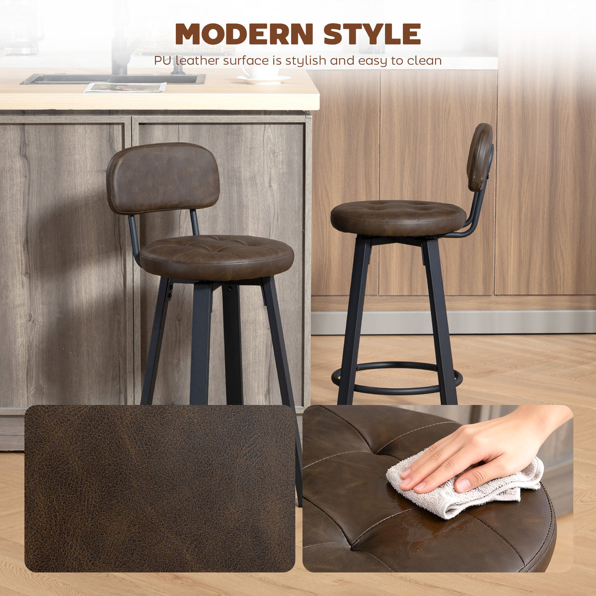 PU Leather Breakfast Bar Chairs with Footrest and Backrest, Set of 2