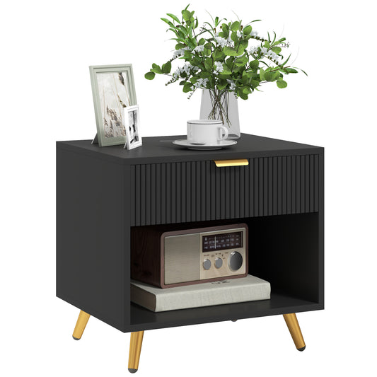 HOMCOM Modern Black Nightstand with Fluted Panel, Drawer & Open Storage for Bedroom