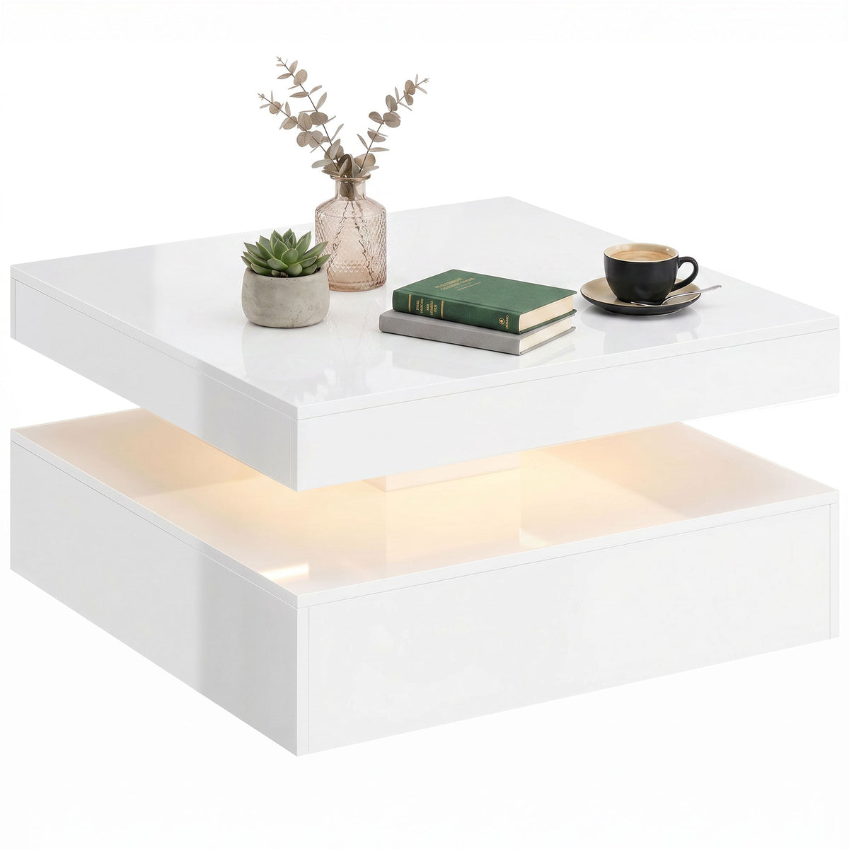 Square LED Coffee Table with 2-Tier Open Storage, High Gloss White