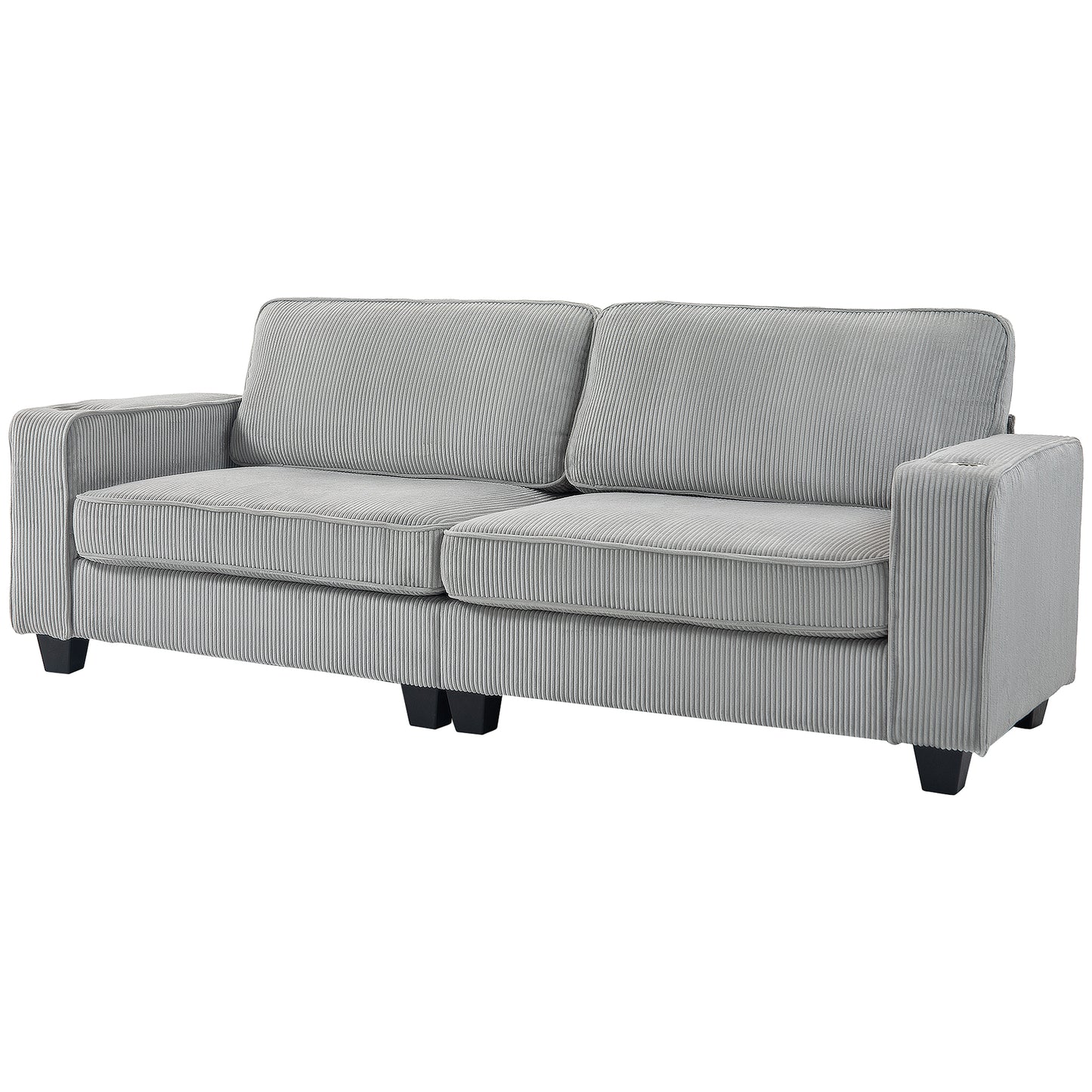 HOMCOM Light Grey 3-Seater Fabric Sofa: Spring Cushions, Cup Holders
