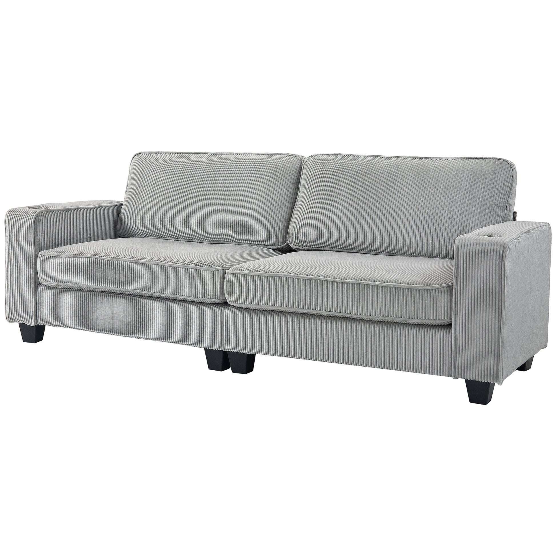 HOMCOM Light Grey 3-Seater Fabric Sofa: Spring Cushions, Cup Holders