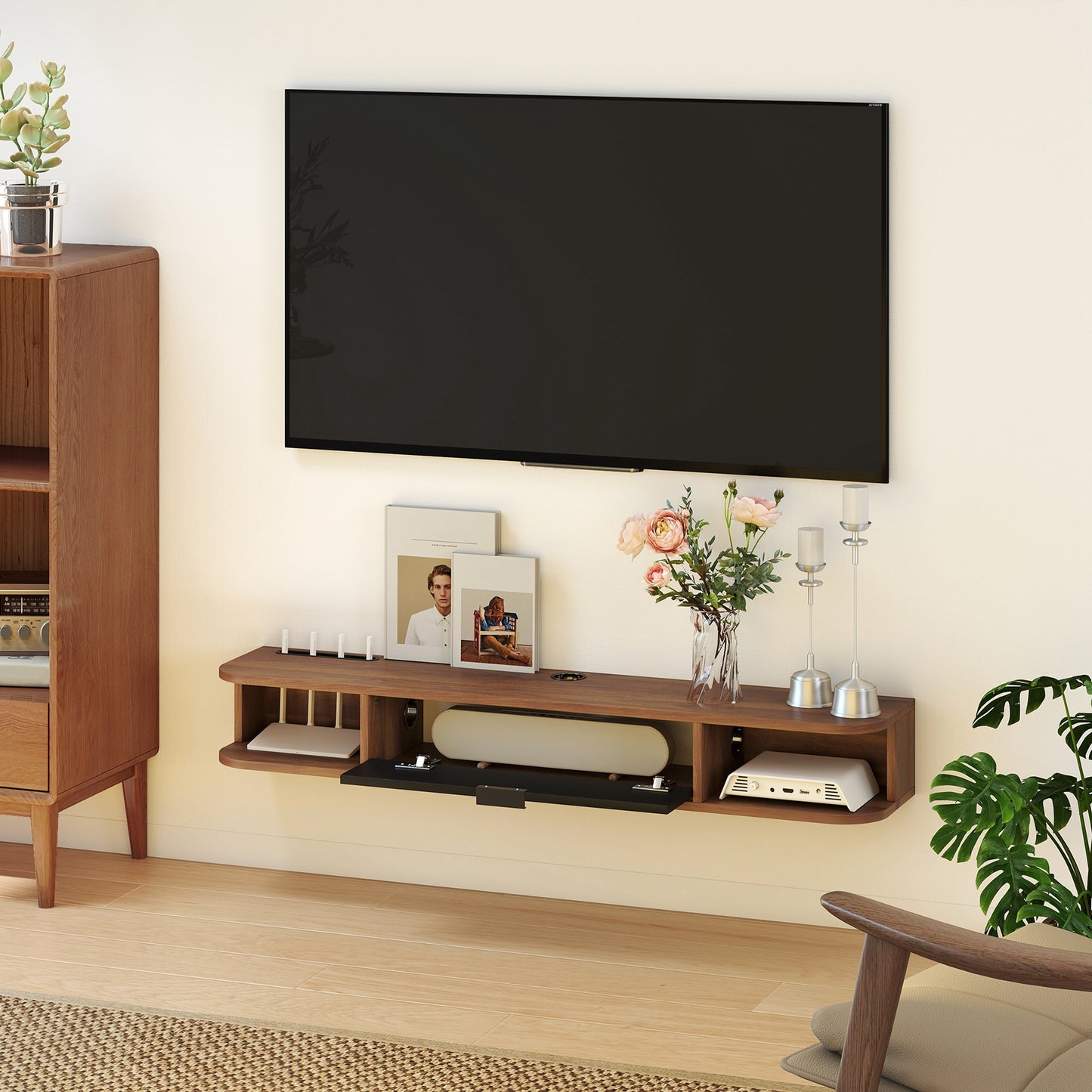 HOMCOM 47-inch Floating TV Stand, Wall Mounted Media Console, Walnut Finish