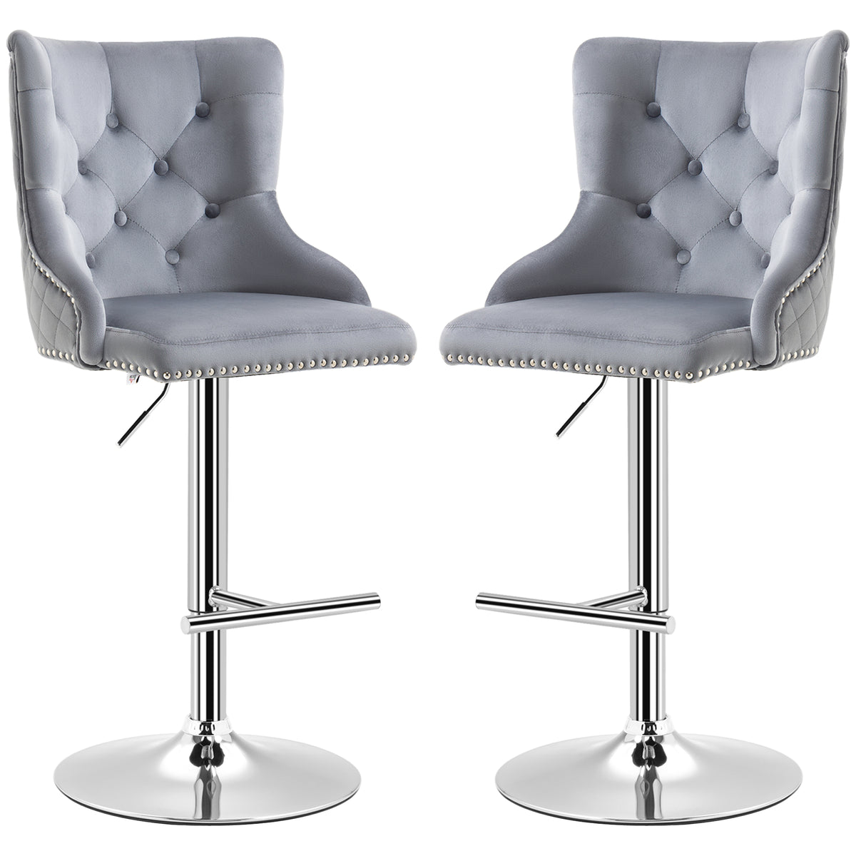 Button-Tufted Velvet Wingback Swivel Bar Stools with Nailhead Trim, Set of 2, Grey