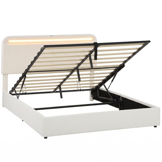 Lift-Up Storage Bed with Charging Station and RGB LED Lights