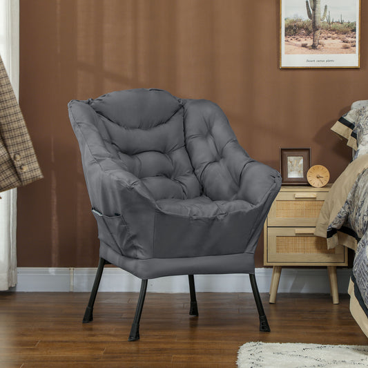 HOMCOM Modern Grey Accent Chair Armchair Side Pockets Steel Legs