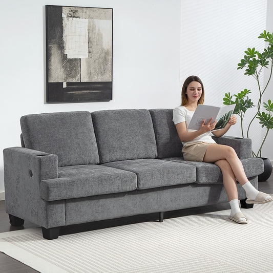 HOMCOM 3-Seater Grey Chenille Sofa with USB Ports and Dual Cup Holders
