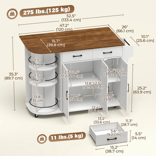 Kitchen Island with Power Outlet and Drop Leaf – 53"W x 35"H