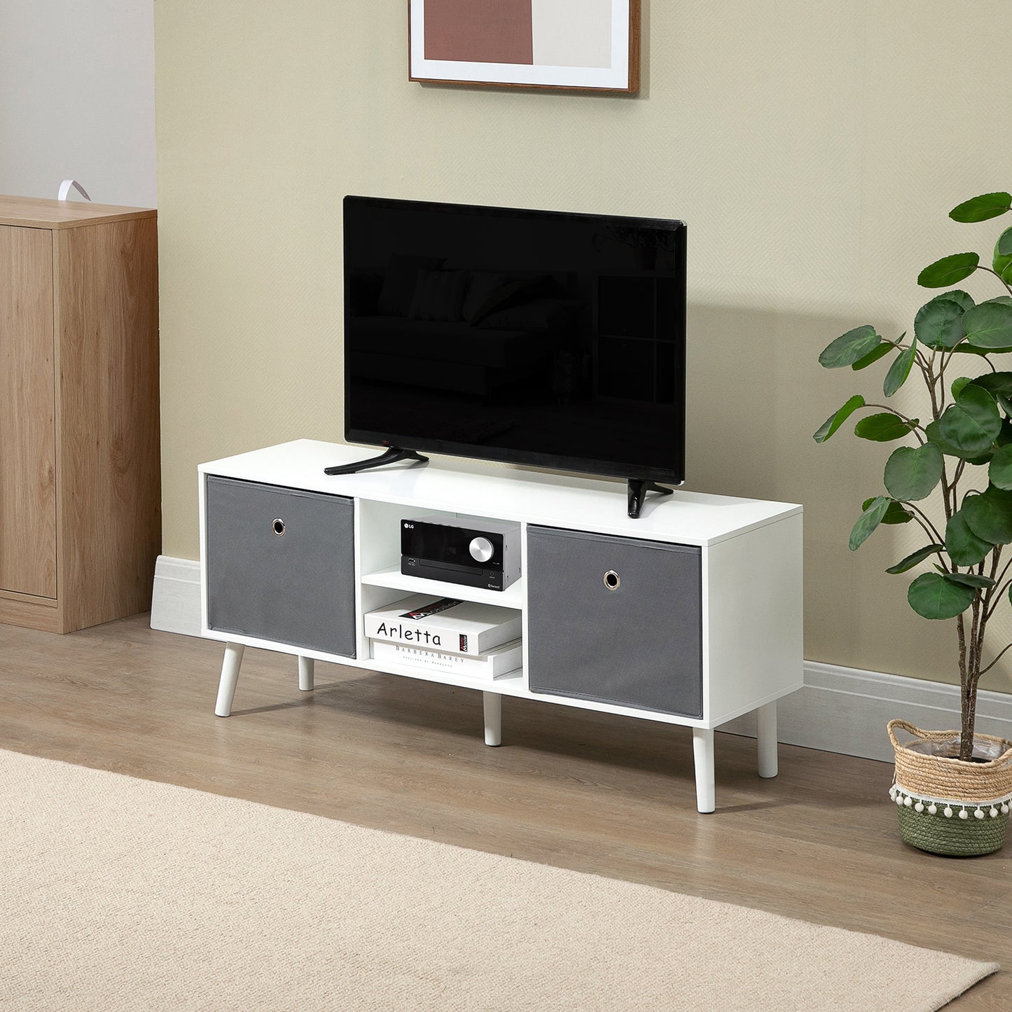 Modern TV Stand Cabinet with Foldable Grey Fabric Drawers and Shelves
