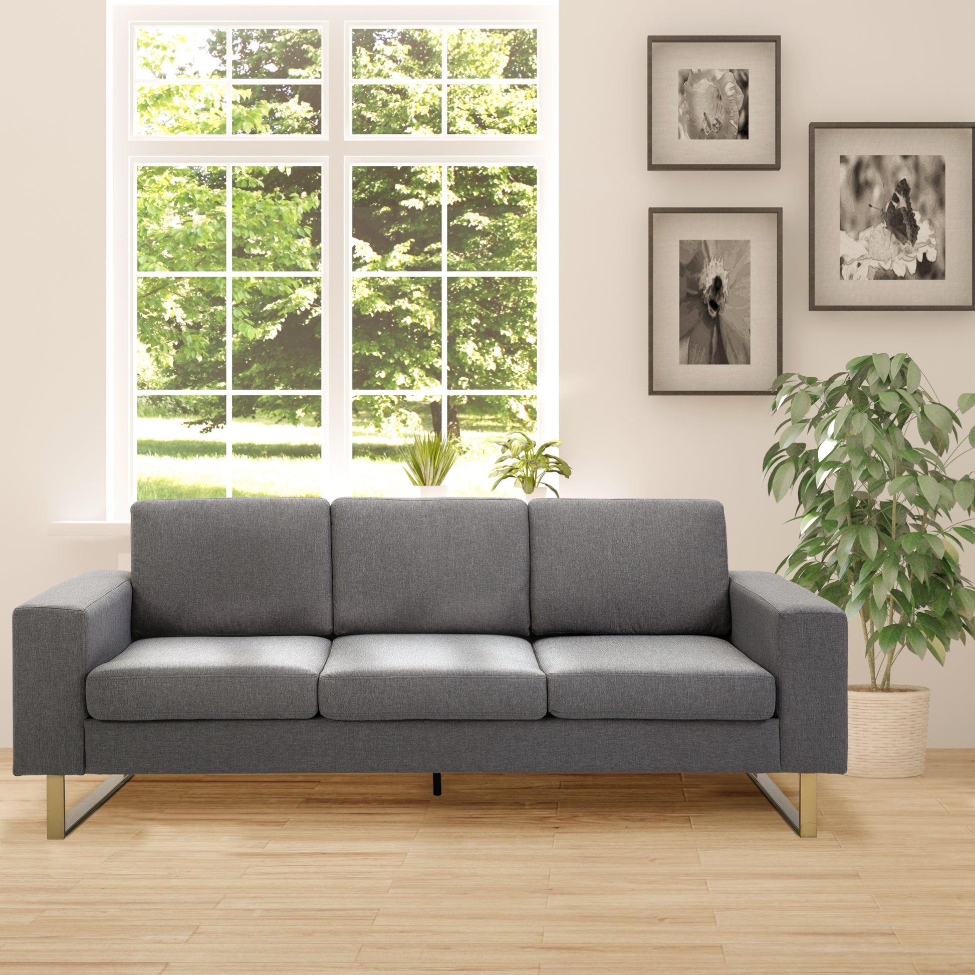 Modern Three-Seat Linen Upholstered Sofa with Steel Legs, Padded Cushions, Grey