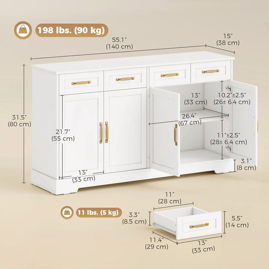Modern Farmhouse Kitchen Storage Cabinet with 4 Drawers – 55"W x 31"H