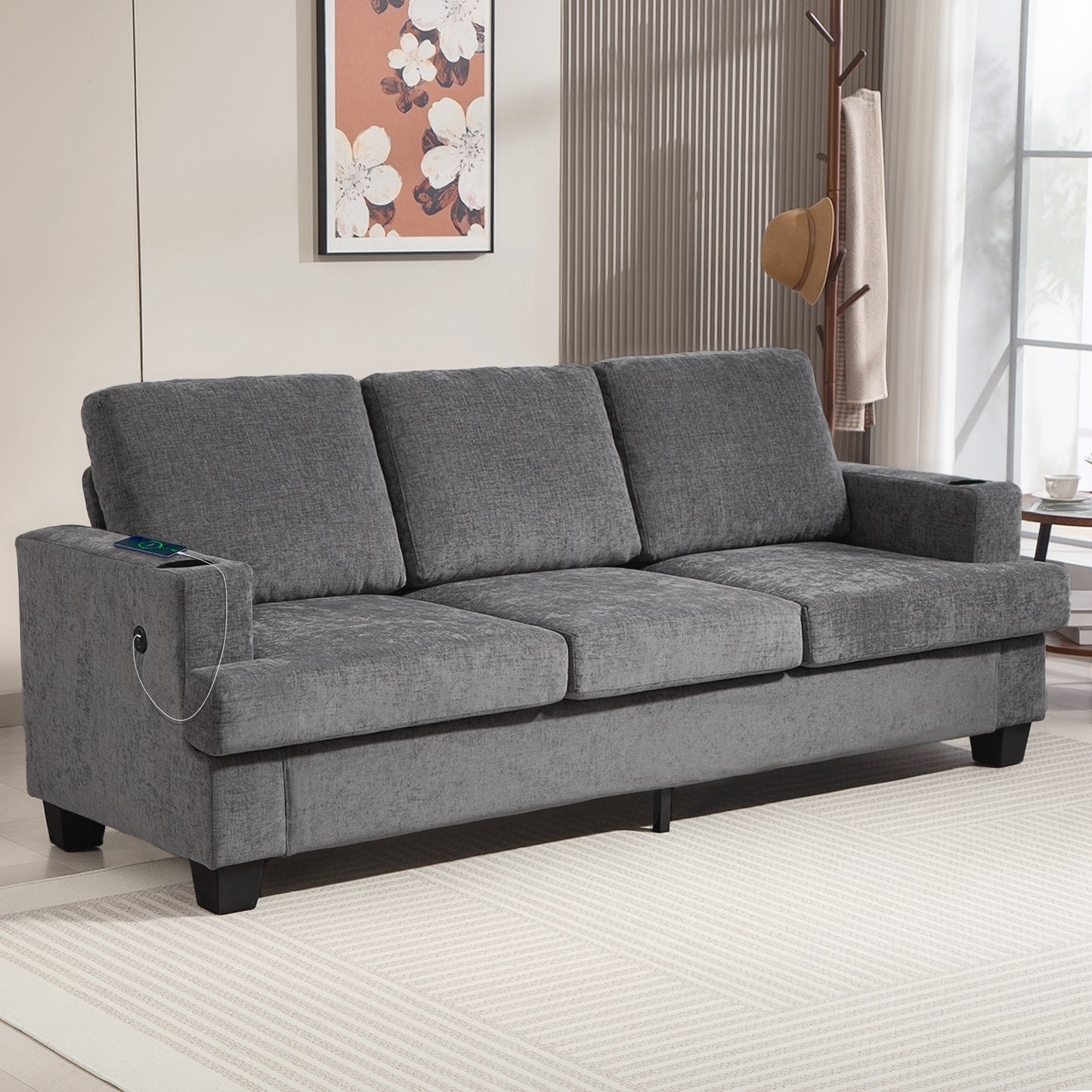 HOMCOM 3-Seater Grey Chenille Sofa with USB Ports and Dual Cup Holders