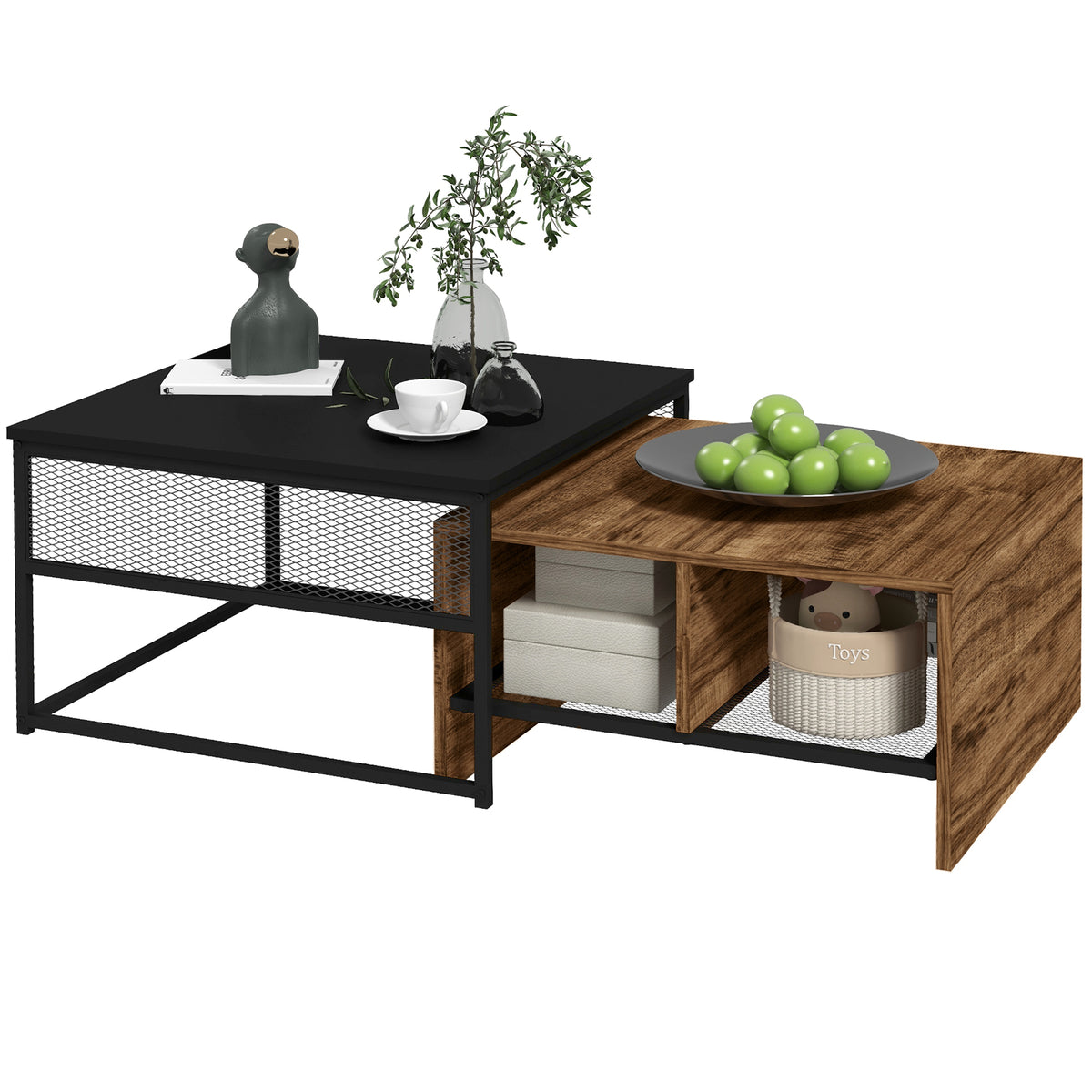 Industrial Nesting Coffee Table Set of 2 with Mesh Shelves, Rustic Brown