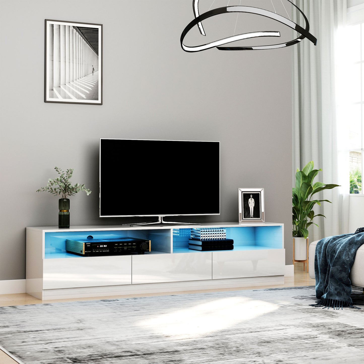 Modern 71-inch High Gloss White LED TV Stand Entertainment Storage Cabinet with Drawers