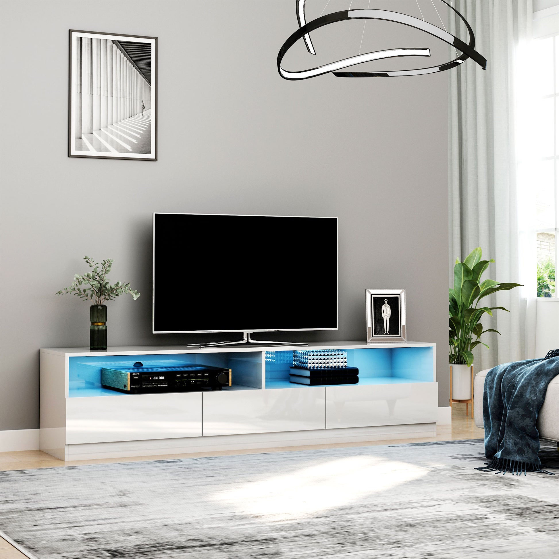 Modern 71-inch High Gloss White LED TV Stand Entertainment Storage Cabinet with Drawers