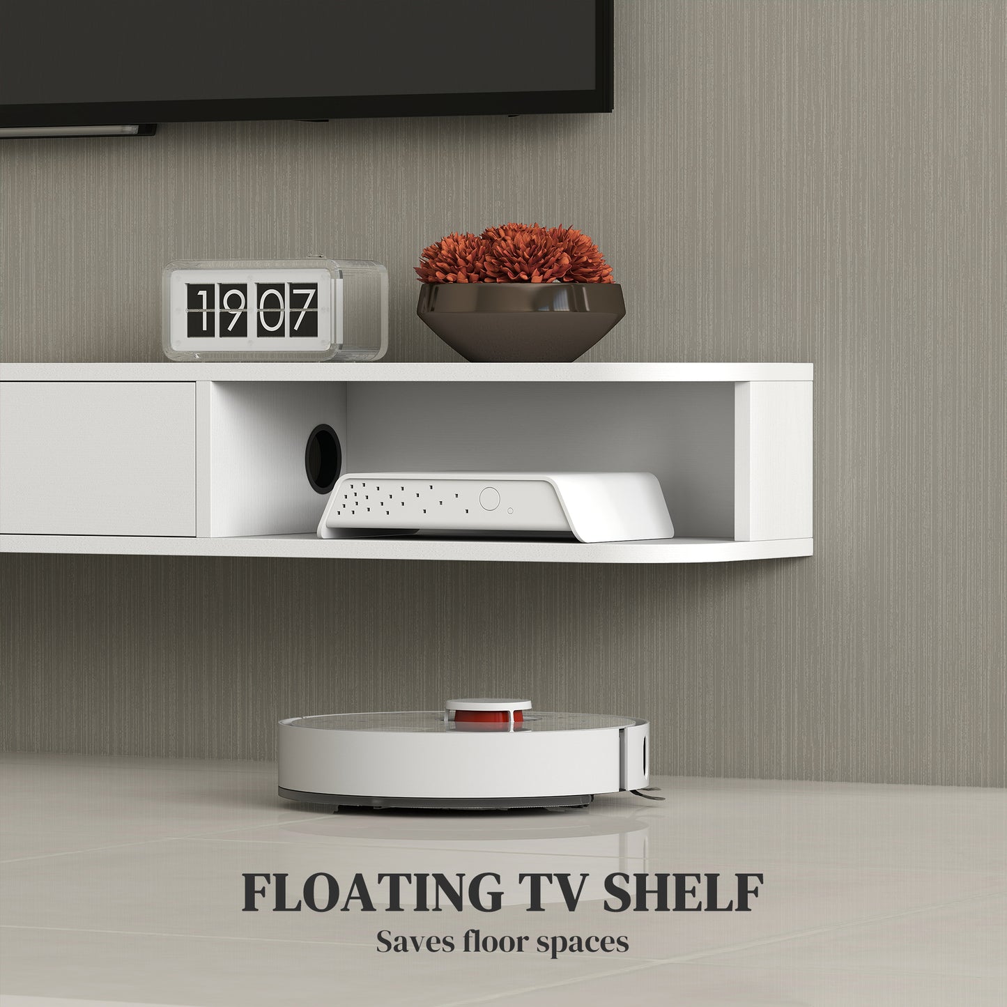 HOMCOM 71-inch Floating TV Stand Wall Mounted Media Console with Flip Drawer, 2 Open Shelves, White Wood Grain