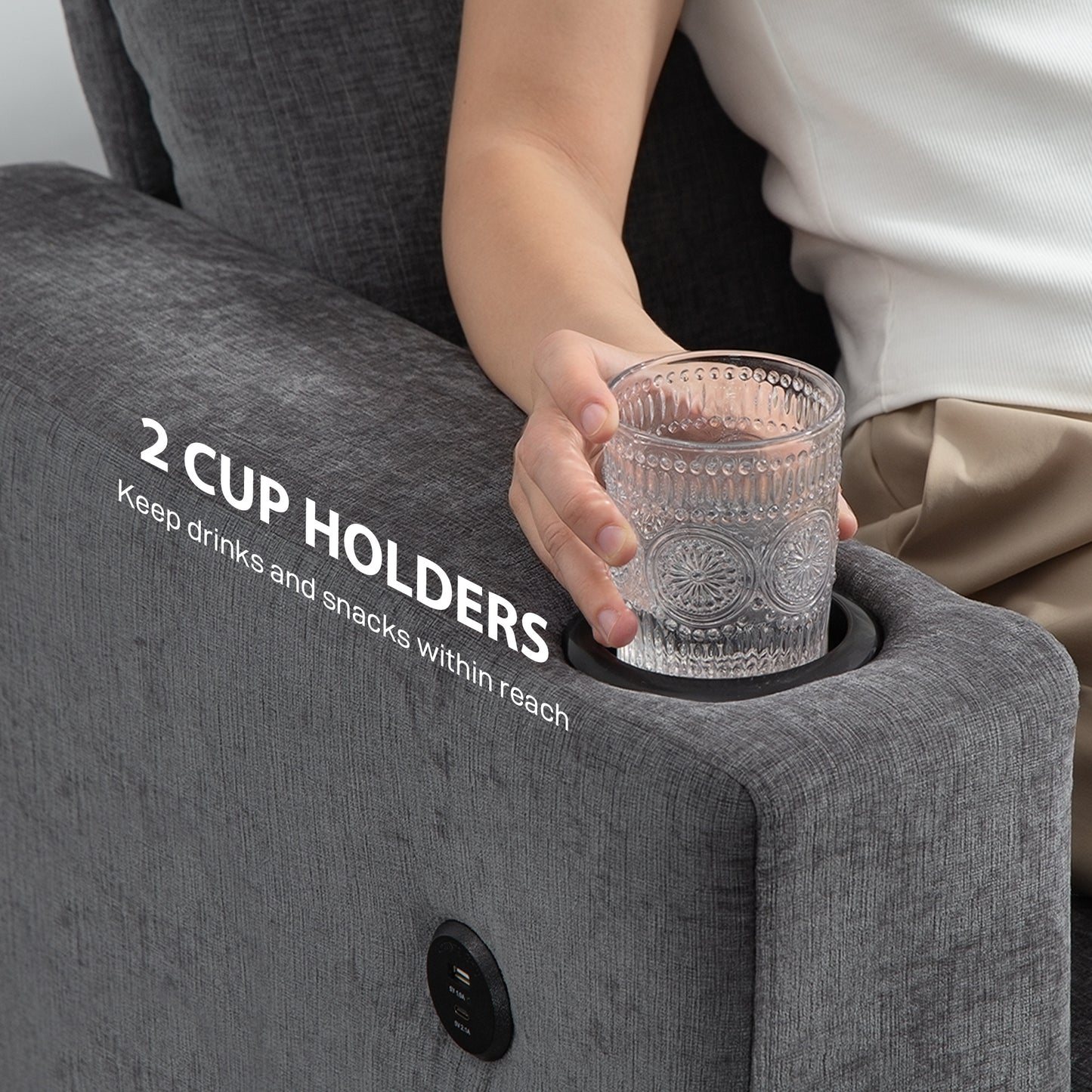 HOMCOM 3-Seater Grey Chenille Sofa with USB Ports and Dual Cup Holders