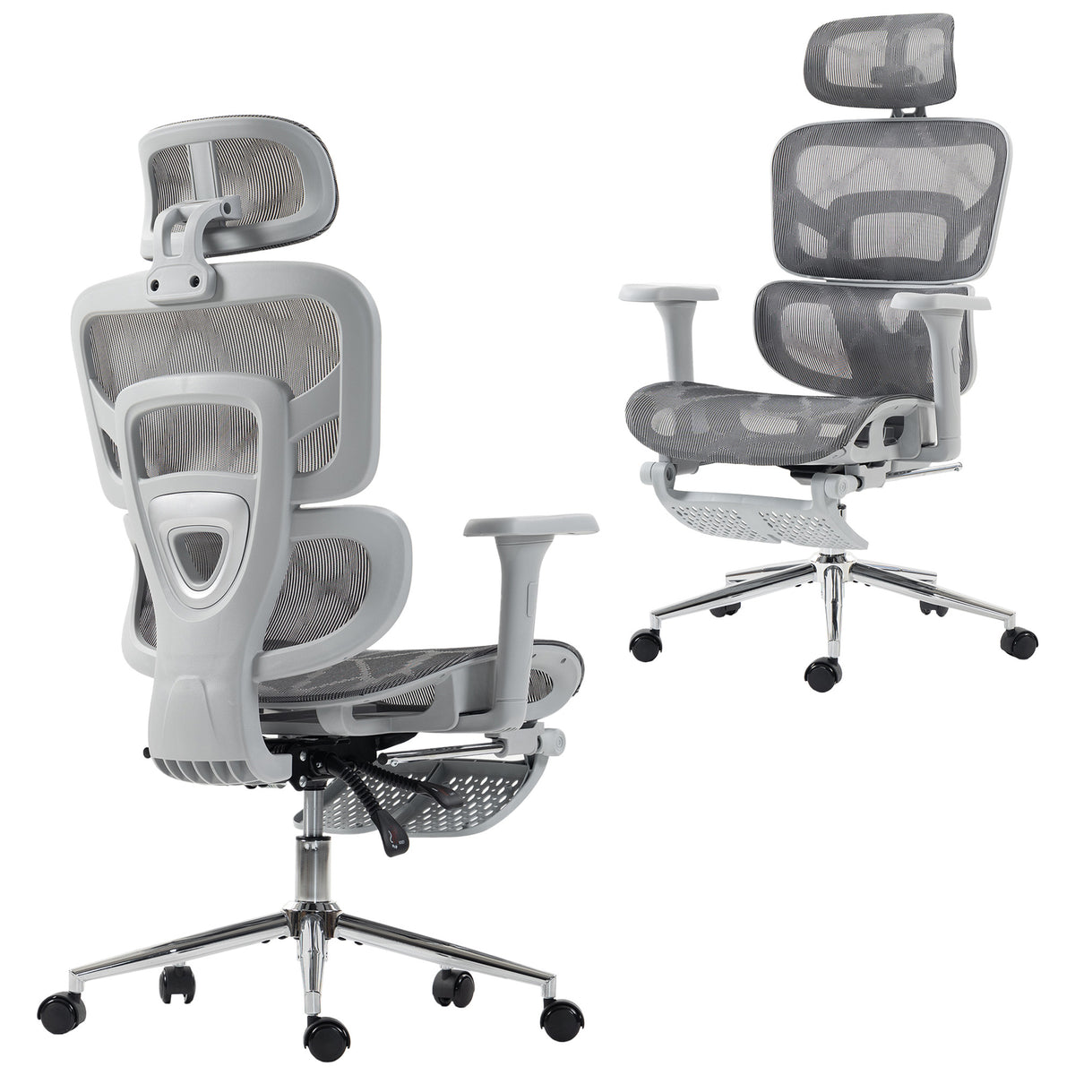 Ergonomic Office Chair with Lumbar Support, 2D Headrest, Mesh Reclining Desk Chair with Footrest, Grey