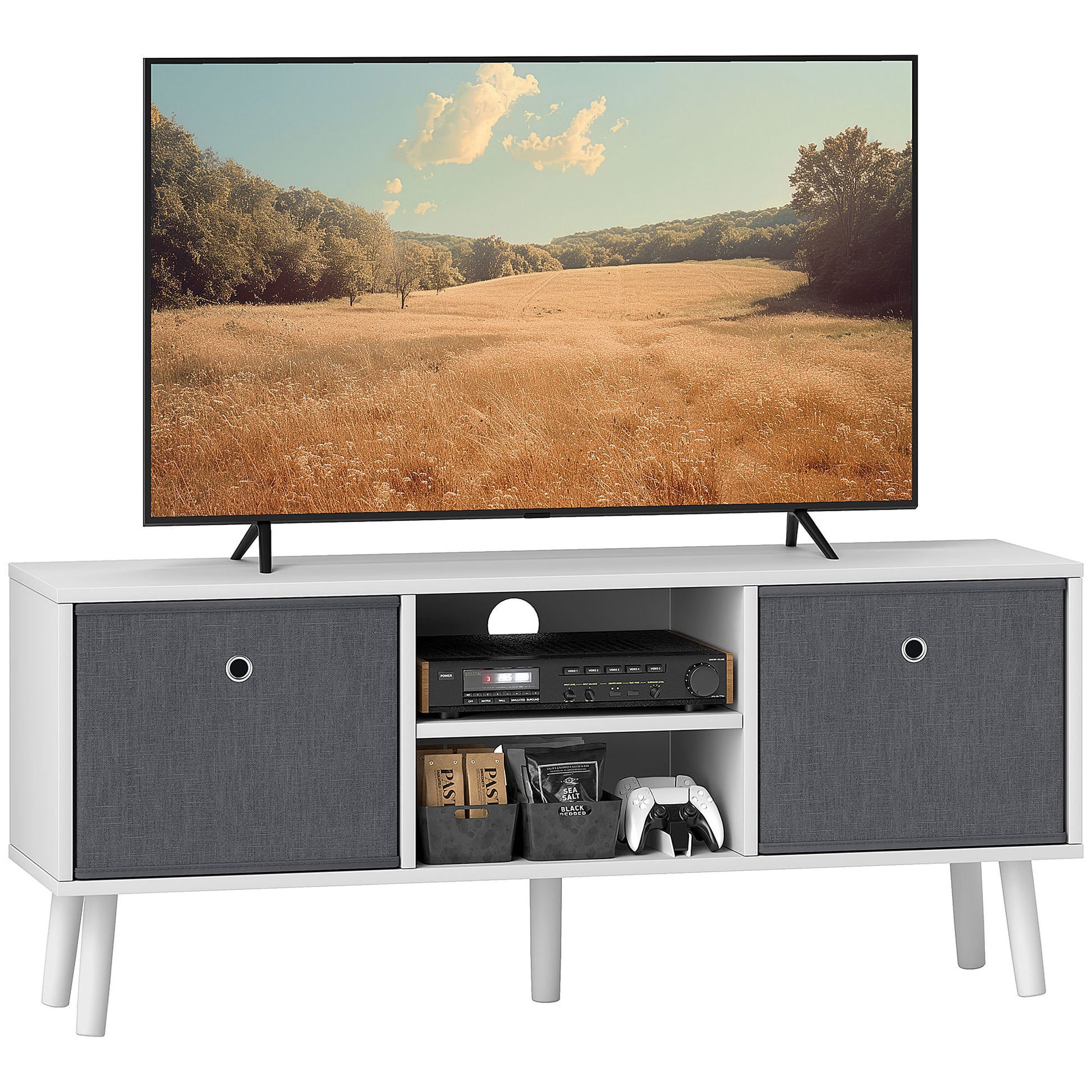 Modern TV Stand Cabinet with Foldable Grey Fabric Drawers and Shelves