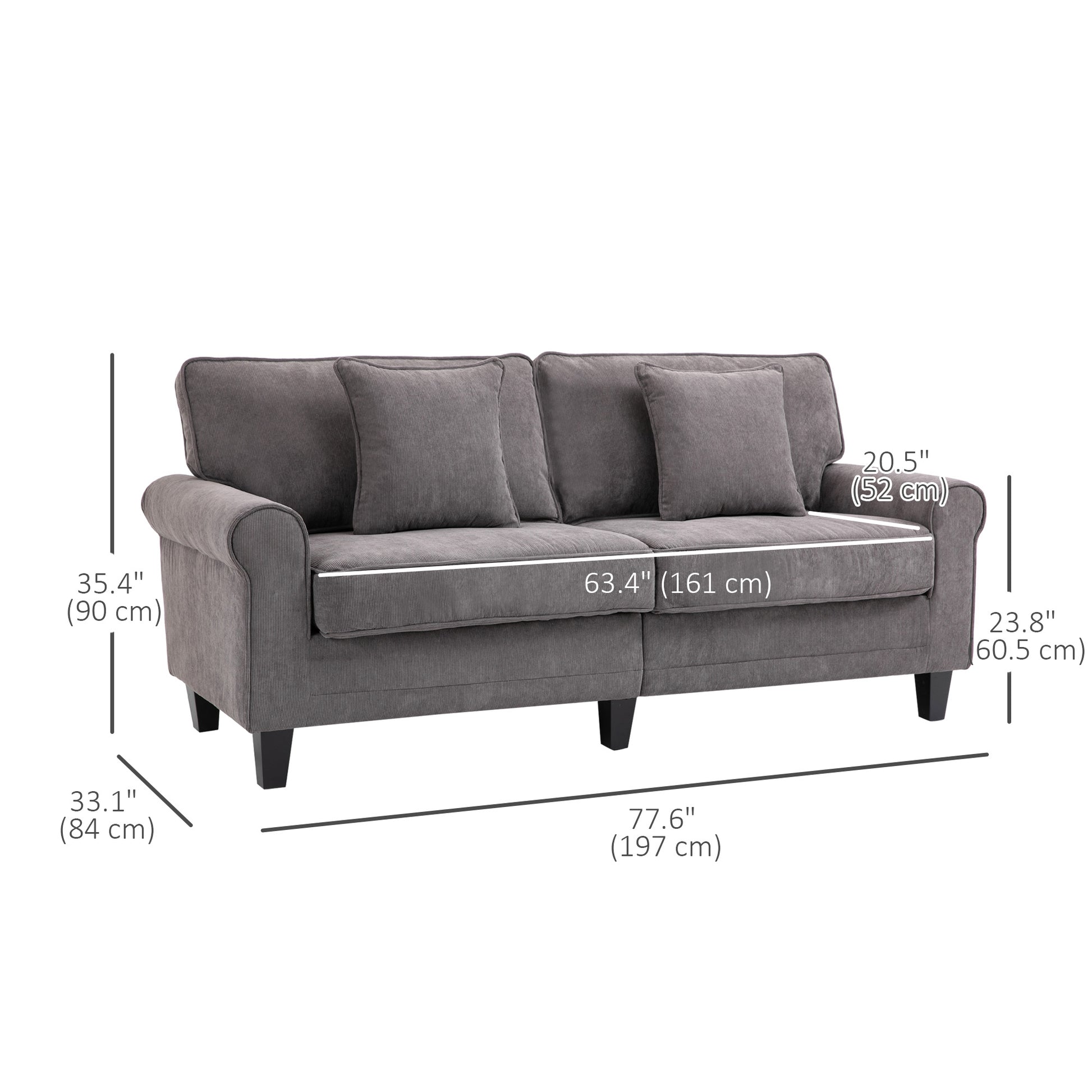 Modern 3-Seater Corduroy Sofa: Pine Wood Legs, Rolled Armrests, Light Grey