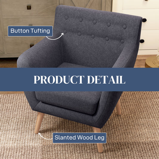 HOMCOM Mid-Century Modern Dark Grey Tufted Linen Accent Arm Chair with Wood Legs